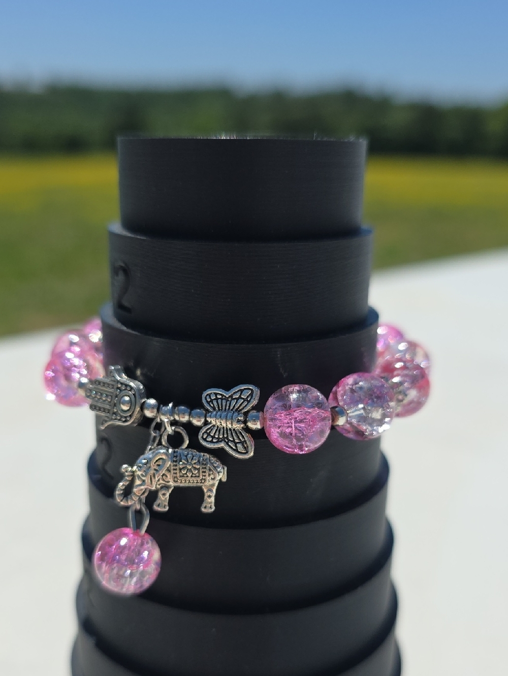 Pink Crystal Bead Charm Bracelet with Hamsa and Elephant Charms